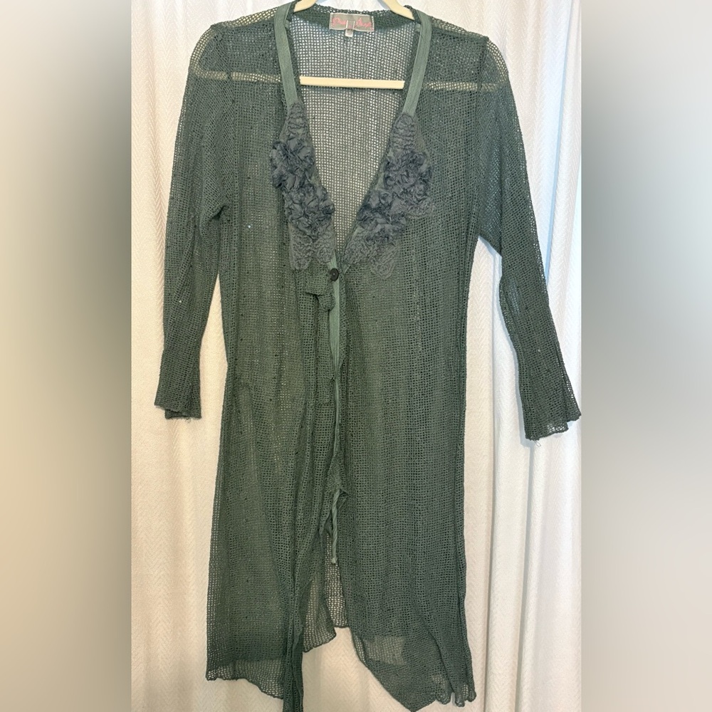 Pretty Angel Teal Open-Front Sweater with Floral Accent